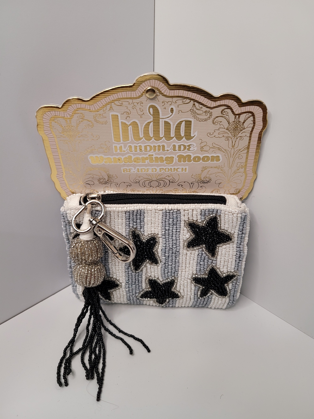Made In India Handmade Beaded Star Pouch in White & Black